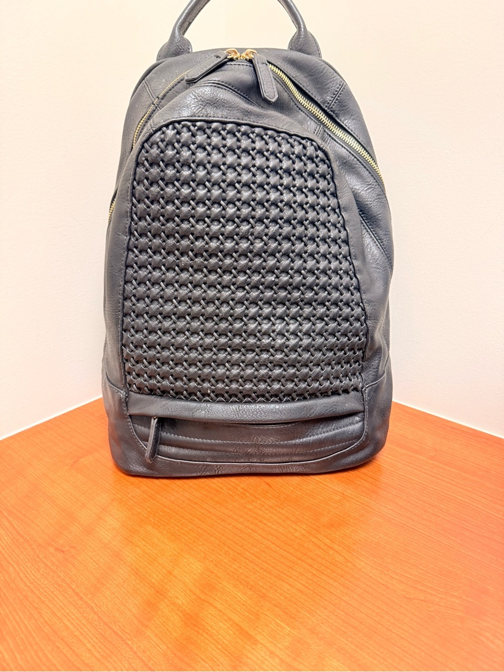 MMS Design Studio Black Woven Leather Backpack with Gold Zippers EUC